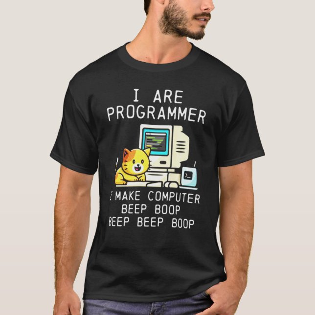 Programmer Cat Beep Boop Coding T-Shirt (Front)