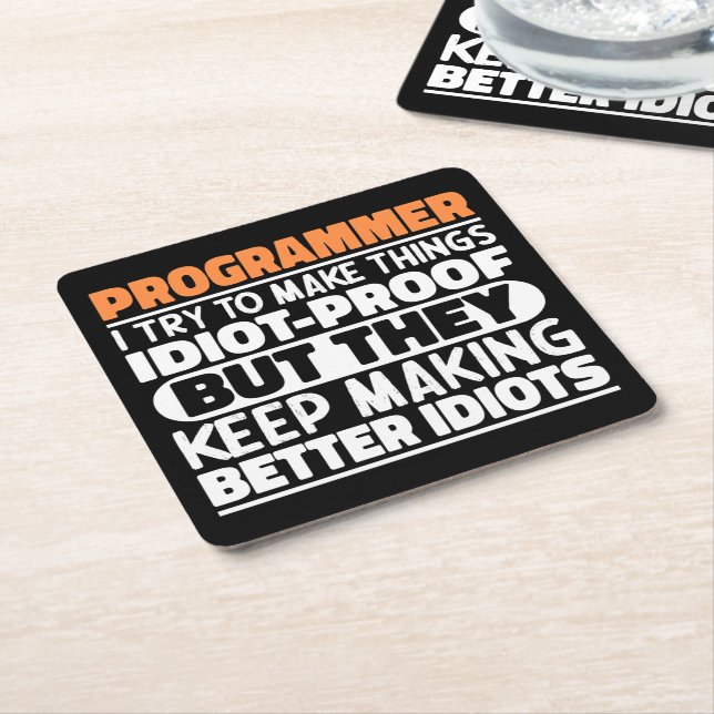 Programmer I Try To Make Things Funny Sayings Cool Square Paper Coaster (Angled)