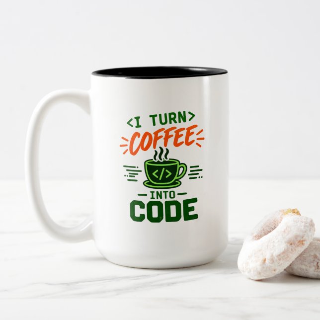 Programmer IT Humor I Turn Coffee Into Code Dev Two-Tone Coffee Mug (With Donut)