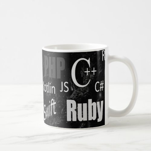Programming languages black and white coffee mug