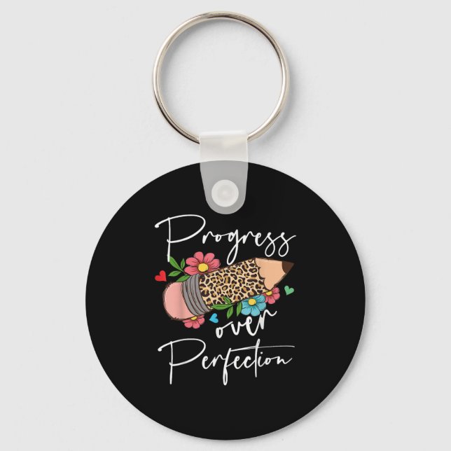 Progress Over Perfection Leopard Pencil Motivation Keychain (Front)