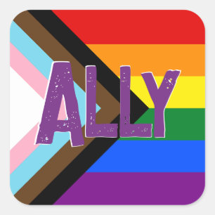 Progress Pride Flag Ally Grunge Font Square Sticker