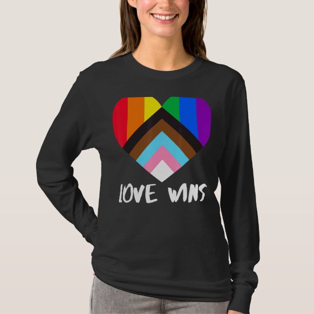 Progress Pride Flag Heart Inclusivity  Love Wins T-Shirt (Front)