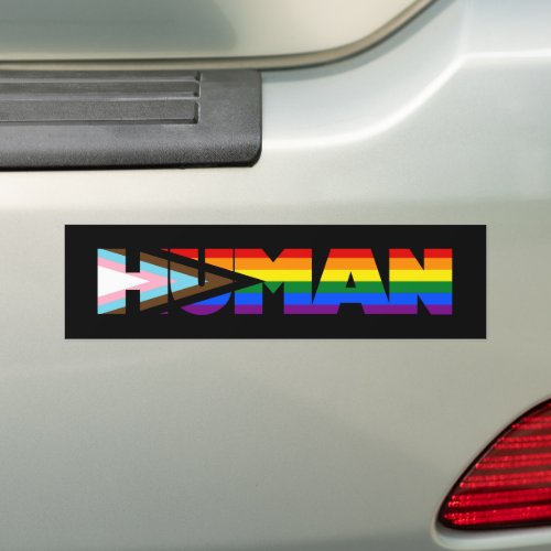 Progress pride flag HUMAN bumper sticker