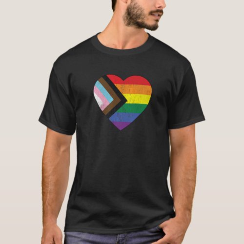 Progress Pride Flag Rainbow Heart Vintage Retro Lo T_Shirt