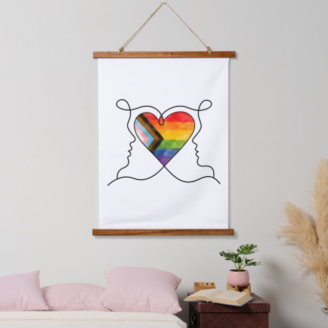 Progress Pride Heart Line Art Hanging Tapestry (Bedroom)