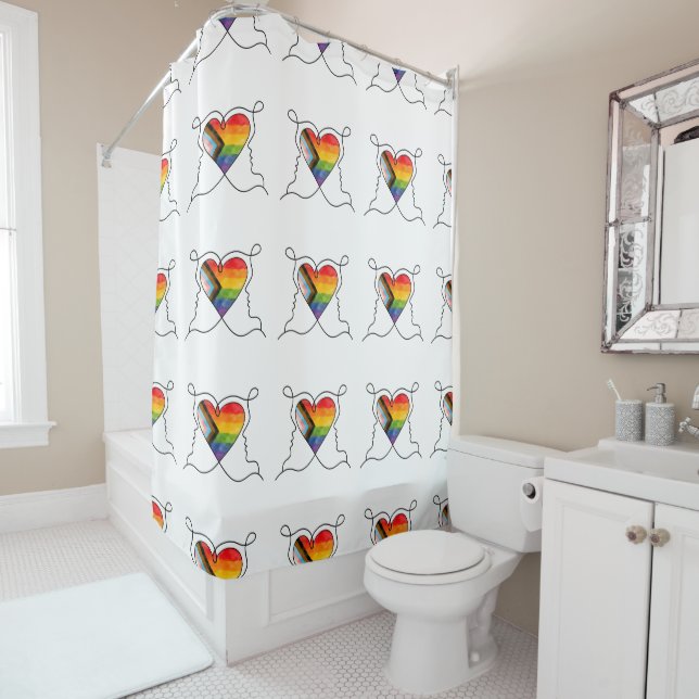 Progress Pride Heart Line Art Shower Curtain (In Situ)