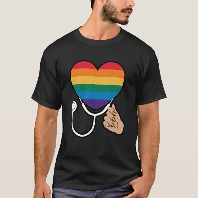 Progress Pride Heart with Stethoscope T-Shirt (Front)