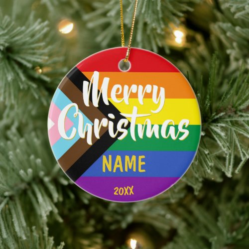 Progress Pride LGBT Rainbow Personalized Christmas Ceramic Ornament