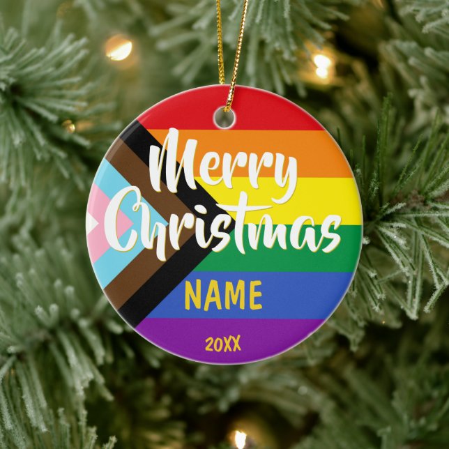Progress Pride LGBT Rainbow Personalized Christmas Ceramic Ornament (Tree)