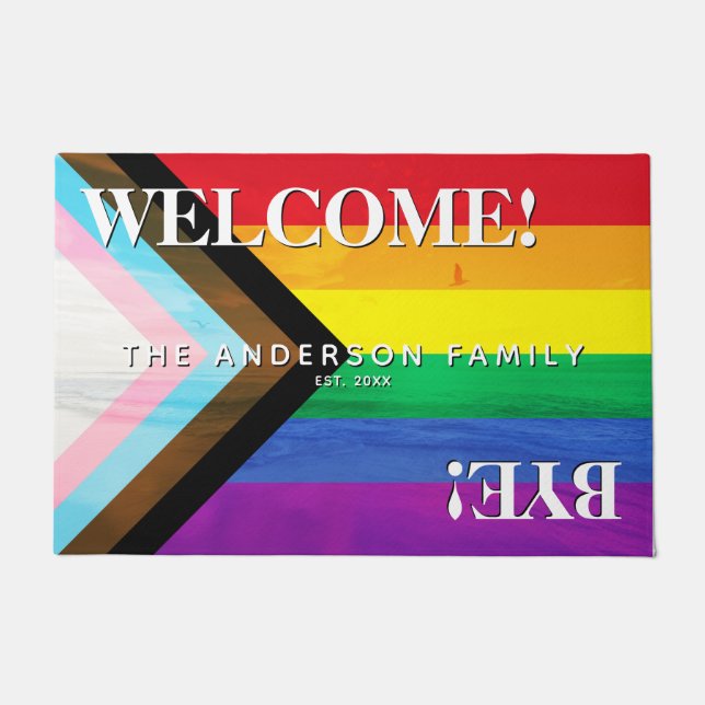 Progress Pride Rainbow Beach Personalized Welcome Doormat (Front)