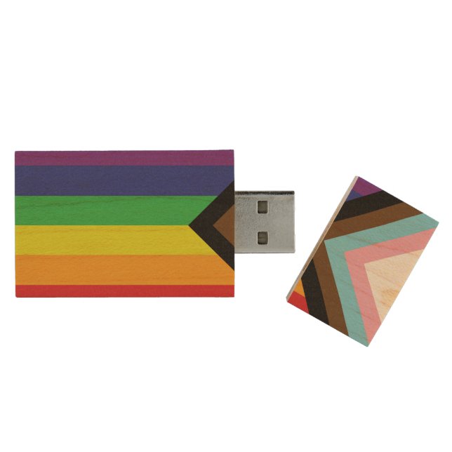 Progressive LGBTQIA Flag Wood Flash Drive (Opened)