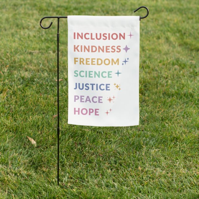 Progressive Values - Rainbow Pride, Social Justice Garden Flag (In SItu)
