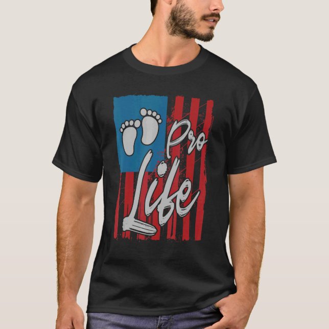 Prolife for Women Pro Life USA Flag Baby Footprint T-Shirt (Front)