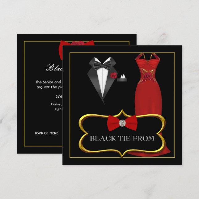 Prom High School Dance Formal Red Black Tie Invitation (Front/Back)
