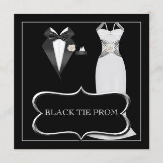 Prom High School Dance Formal White Black Tie Invitation