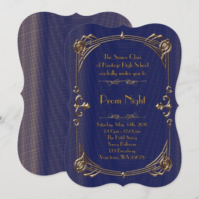 Prom Night Empire style, Melted gold, navy, chic Invitation (Front/Back)