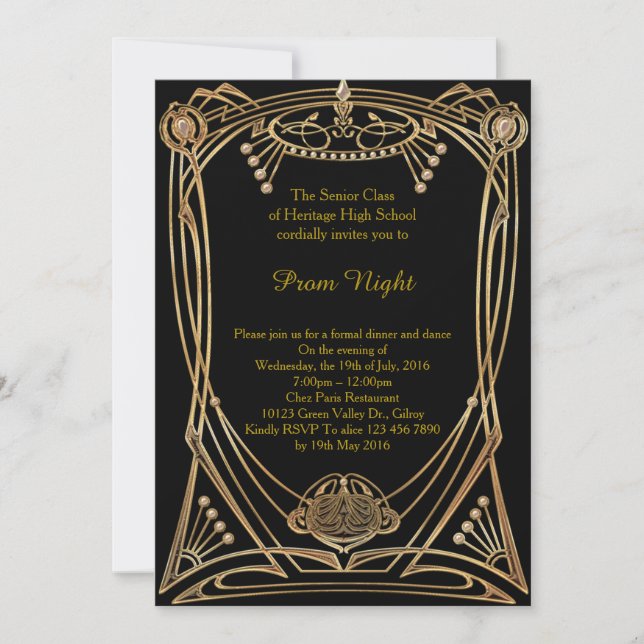 Prom Night, rich back gold,total great Gatsby Invitation (Front)