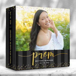Prom photo gold script on black stripes keepsake 3 ring binder