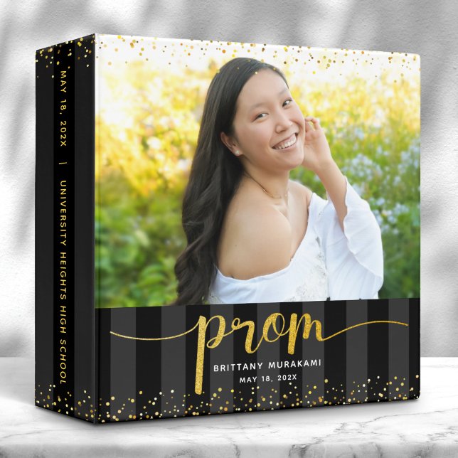 Prom photo gold script on black stripes keepsake 3 ring binder (Creator Uploaded)