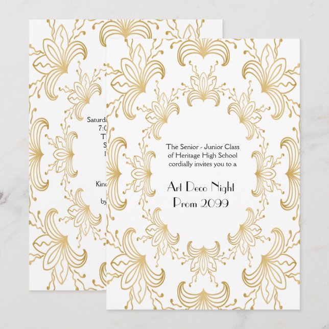Prom Senior, Art Deco, Flowers Stylized,white gold Invitation (Front/Back)