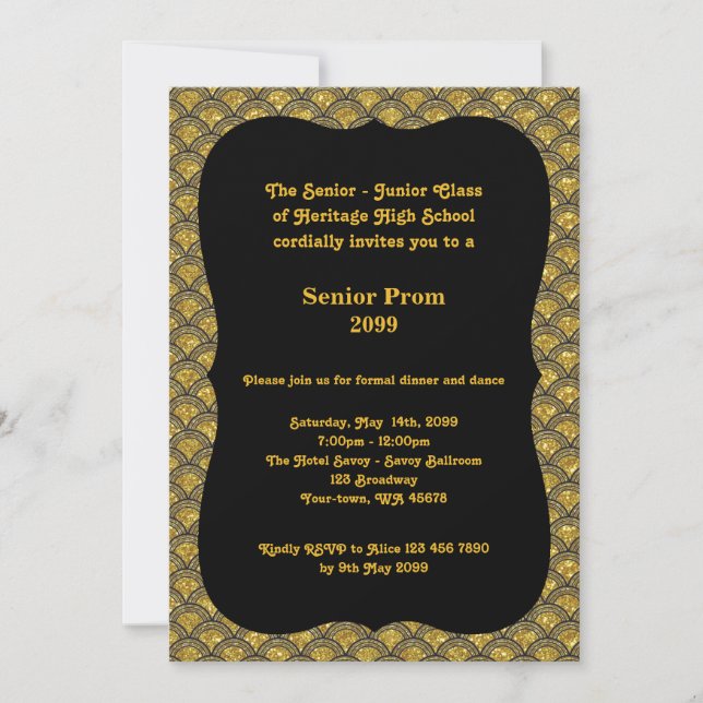 Prom senior, Gatsby style, black & gold, back gold Invitation (Front)