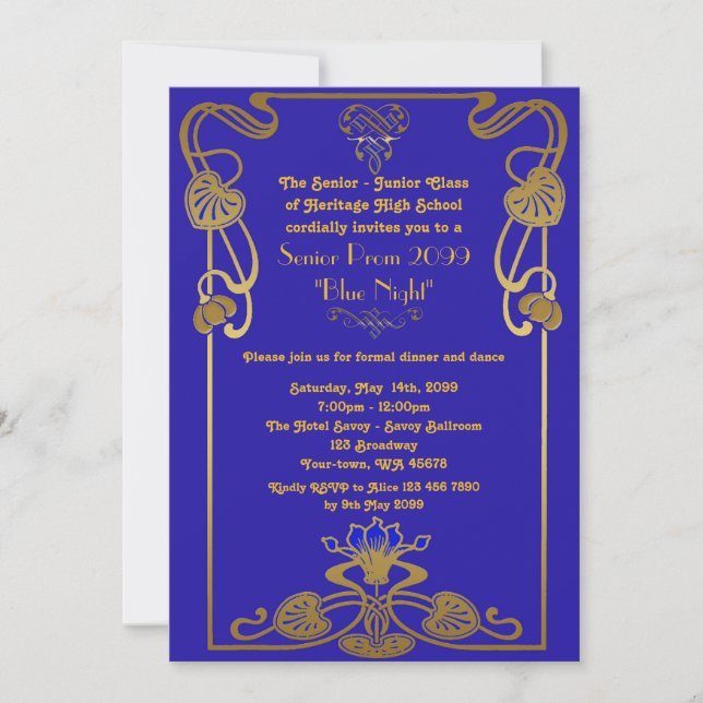 Prom senior, Gatsby style, blue & gold, monogram Invitation (Front)