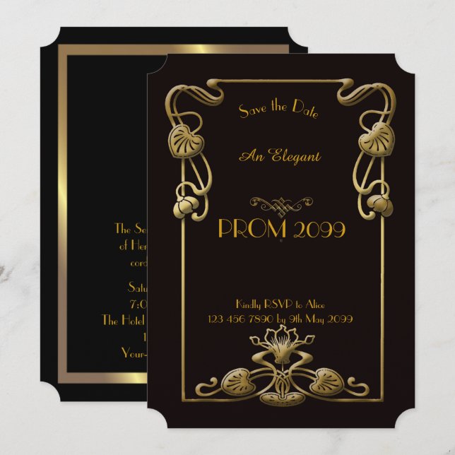 Prom Senior-Junior, black Gold Geometric,Art Deco Invitation (Front/Back)
