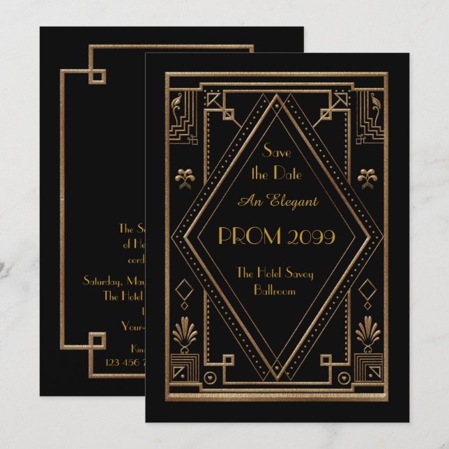 Prom Senior-Junior, Black Gold Geometric, Art Deco Invitation (Front/Back)