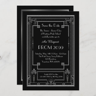Prom Senior-Junior, Black, Silver, Geometric, Deco Invitation