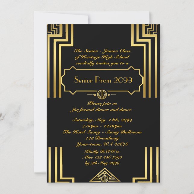 Prom senior junior,Gatsby style,art-deco, black Invitation (Front)