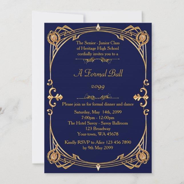 Prom senior junior, Gatsby style, art-deco, navy Invitation (Front)