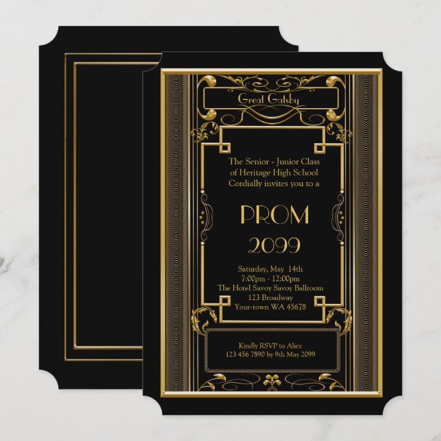 Prom Senior-Junior, Great Gatsby, gold, black Invitation (Front/Back)