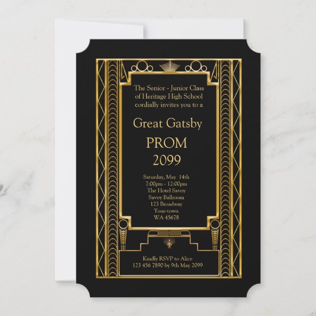 Prom Senior-Junior, Great Gatsby, Gold, Black Invitation (Front)