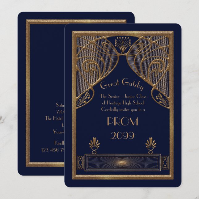 Prom Senior-Junior, Great Gatsby, gold, navy Invitation (Front/Back)