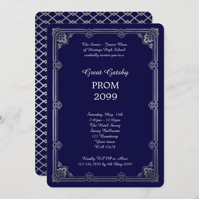 Prom Senior-Junior, Great Gatsby, Silver, Navy Invitation (Front/Back)