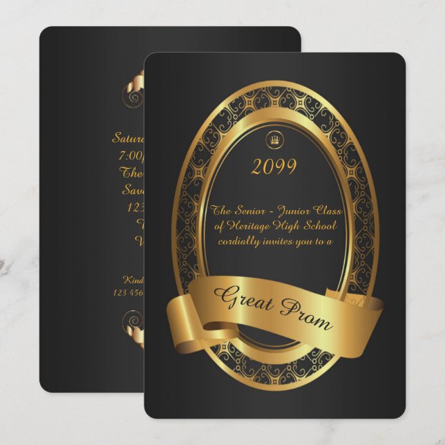 Prom Senior-Junior, Great Prom,elegant grey,gold Invitation (Front/Back)