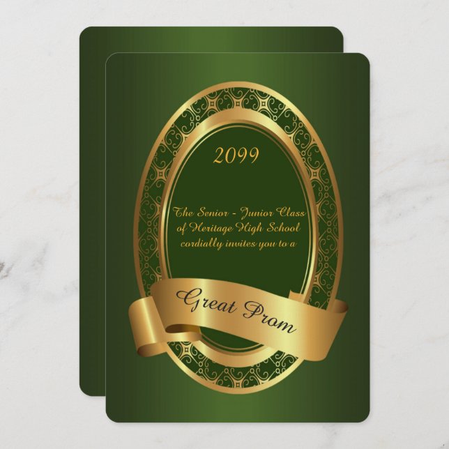 Prom Senior-Junior, Great Prom,emerald green,gold Invitation (Front/Back)