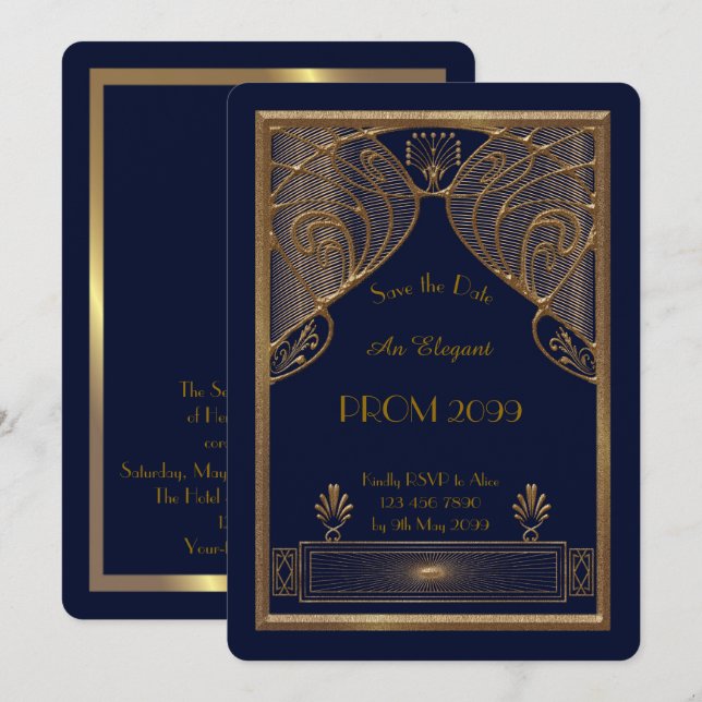 Prom Senior-Junior, Navy, Gold Geometric,Art Deco Invitation (Front/Back)