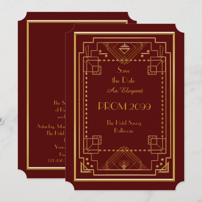 Prom Senior-Junior, Red Gold Geometric,Art Deco Invitation (Front/Back)