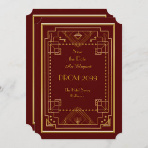 Prom Senior-Junior, Red Gold Geometric,Art Deco Invitation
