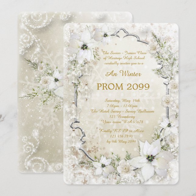 Prom Winter Senior-Junior, white Gold, silver Invitation (Front/Back)