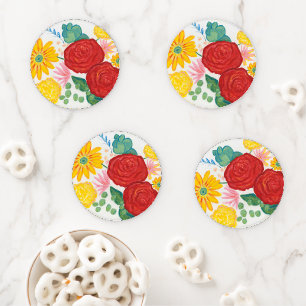 Promise Rose Watercolor Nature Red Yellow Floral Coaster Set