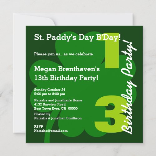 PROMO5 13th Teen ST PATRICK Birthday Shamrock Invitation
