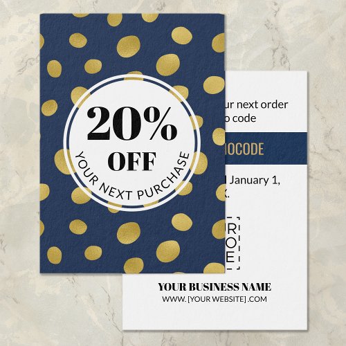Promo Code Navy Blue Gold Circles Discount Cards