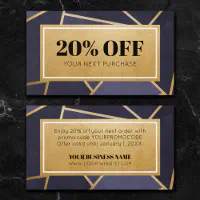Promo Code Modern Navy Blue Gold Discount Cards
