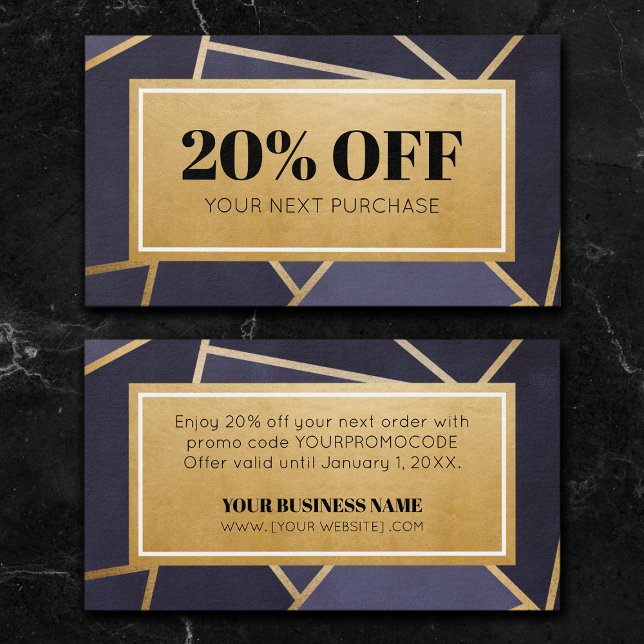 Promo Code Navy Blue Gold Coupon Discount Cards (Creator Uploaded)