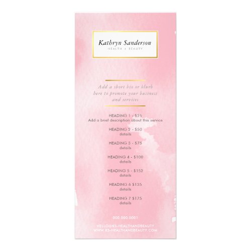 PROMO PRICE SERVICE LIST modern pink watercolor Rack Card