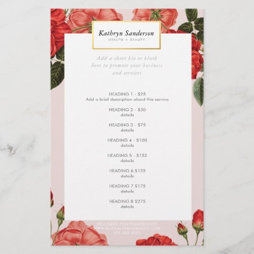 PROMO PRICE SERVICE LIST vintage red roses floral Flyer