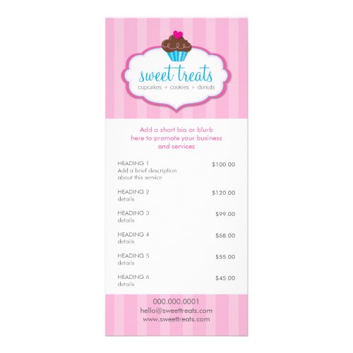 PROMO PRICE SERVICES LIST cupcake bakery aqua pink Rack Card